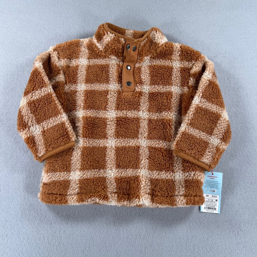 Cat & Jack Toddler Ginger Plaid Sherpa Fleece Pullover Snap Mock Neck Brown 2T